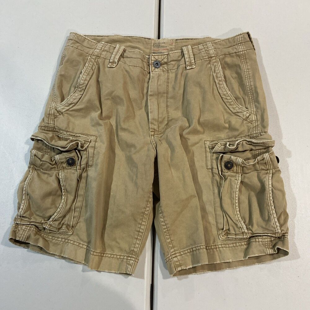 American Eagle Outfitter Men Classic Length Stone Gray Khaki Cargo Shorts Sz 38